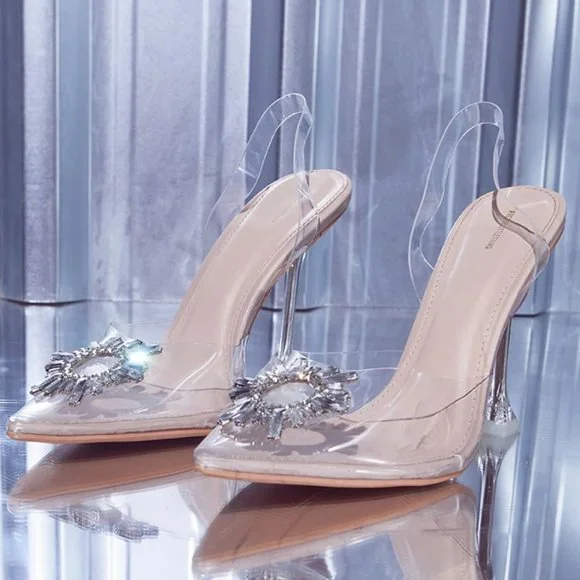 PrettyLitteThing Nude Diamante sling back cake stand high heels 4'' Heel
